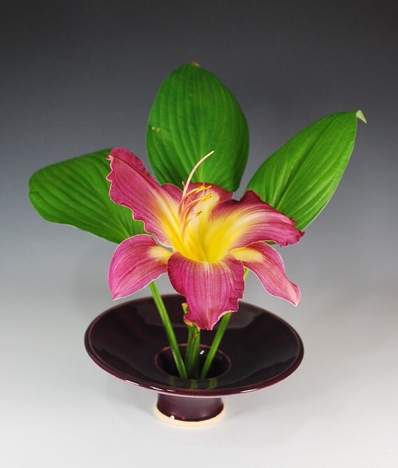 Ikebana Vase with Flower Frog/Kensan in Plum Glaze