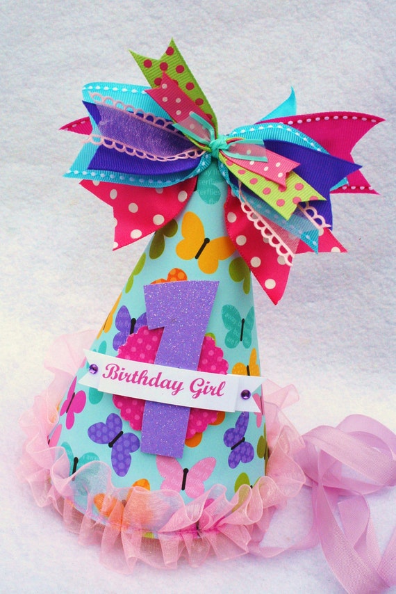  butterfly birthday party hat in aqua purple pink lime