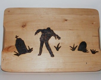 Shambling Zombie in Graveyard Cutting Board Wood Burning Pyrography