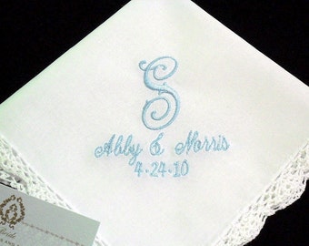 Brides Handkerchief embellished with personalized single initial names and wedding date, Monogrammed Handkerchief, Embroidered Handkerchief