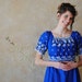 CUSTOM Regency Jane Austen Cotton Day Gown Dress in embroidered Norwegian blue cotton eyelet and white muslin