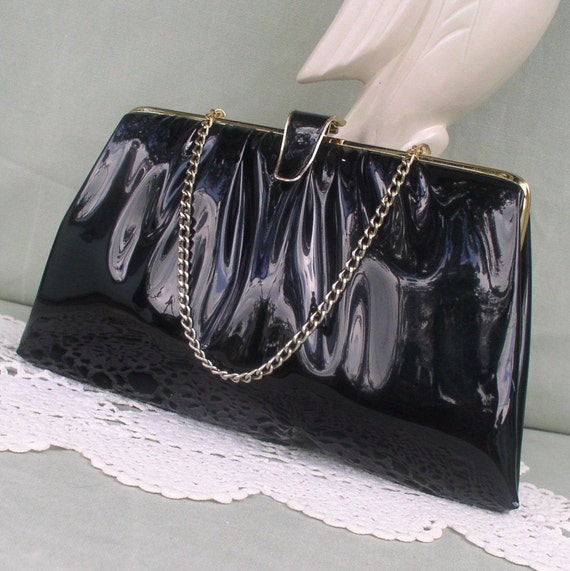 Black Patent Leather Clutch Vintage Ande Evening Bag