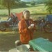 Motorcycle Chopper Tent Camping Road Trip Vintage 1970s Color Photo Biker Woman CA Mountains Bikes Tents Orange Jacket Morning Coffee