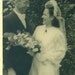 1930s Wedding Photo Bride Groom White Slim Gown Dress Veil Bouquet Standing Outside Holding Hat Love