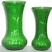 Vintage Two Swirl Ribbed Hoosier Glass Emerald Green Vases 7 1\/2 and 8 1\/2 Inches