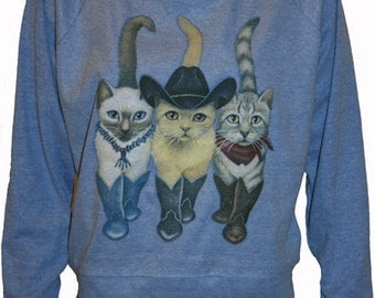 Cats in Cowboy Boots Pullover Blue Slouchy "Sweatshirt" Top American Made S M or L