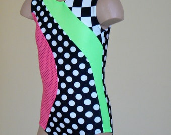 Black Polka dots and Checkerboard Leotard. Toddlers Girls Gymnastics Leotard. Dancewear. Size 2T - Girls 10