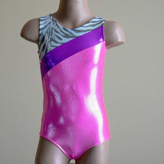 Gymnastic Dance Leotard Hot Pink  Animal Print Inset By Sendesigne