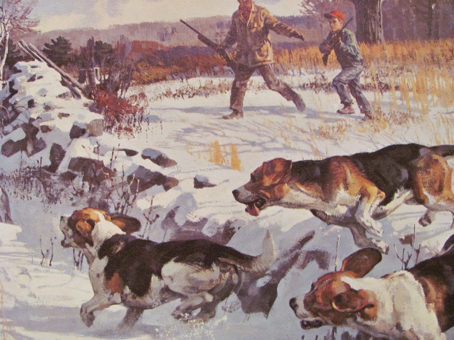 Vintage Illustration Hunting Dogs 12 x 16 Beagles