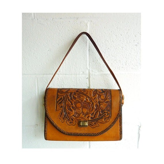 SALE Leather hand tooled purse with acorn and leaf details