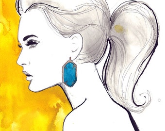 Watercolor and Pen Fashion Illustration, Jessica Durrant - Yellow & Turquoise print version