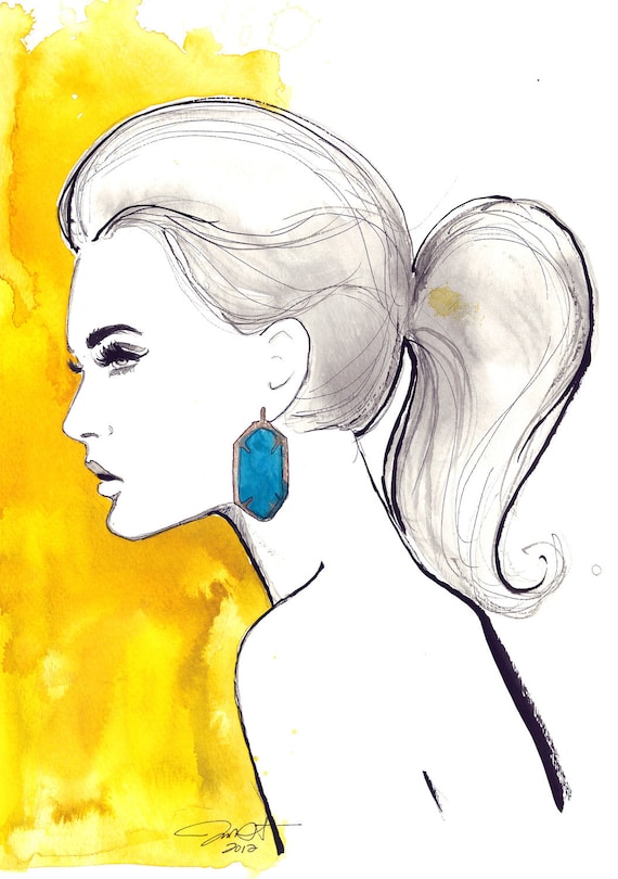 Watercolor and Pen Fashion Illustration, Jessica Durrant - Yellow & Turquoise print version