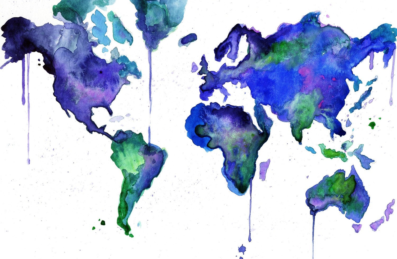 Watercolor World Map Illustration Earth In Technicolor Print