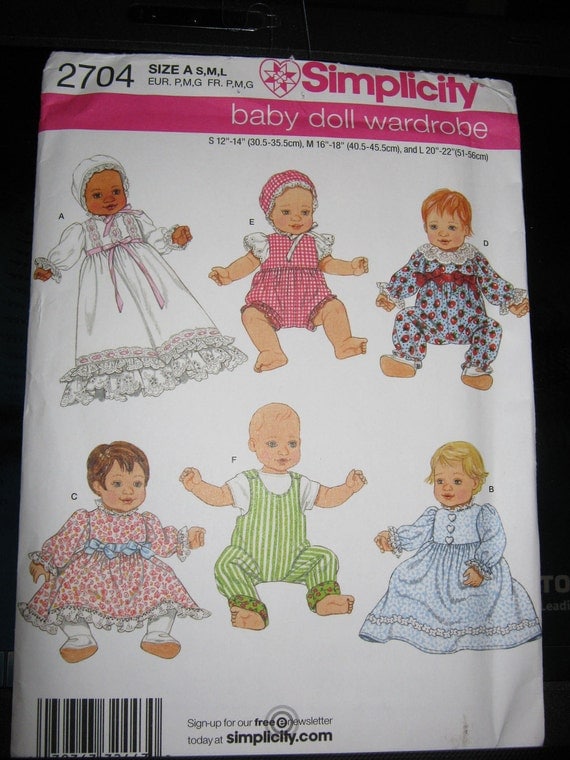 Simplicity 2704 doll clothes pattern 12 thru 22 inch