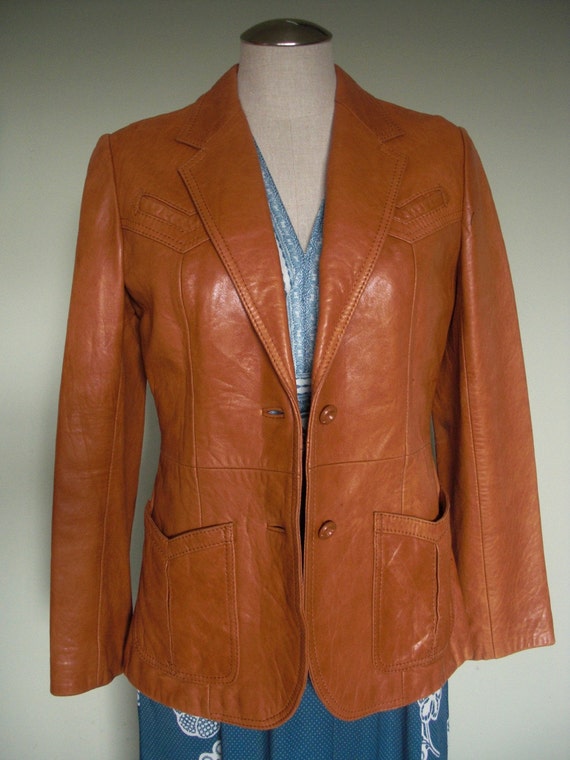 Vintage 1970s Fitted Brown Leather Spy Jacket Blazer
