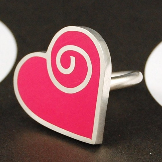 Pink Heart Ring Heart and Spiral Ring Hot Pink by lsueszabo