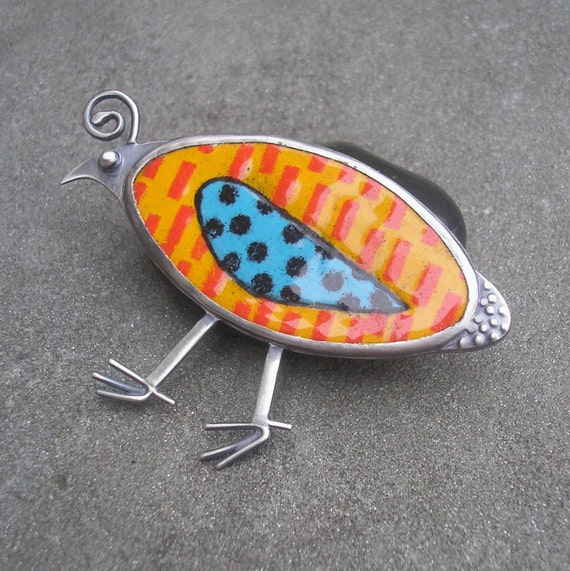 Bird Brooch. Quirky Quail Colorful Enamel Brooch