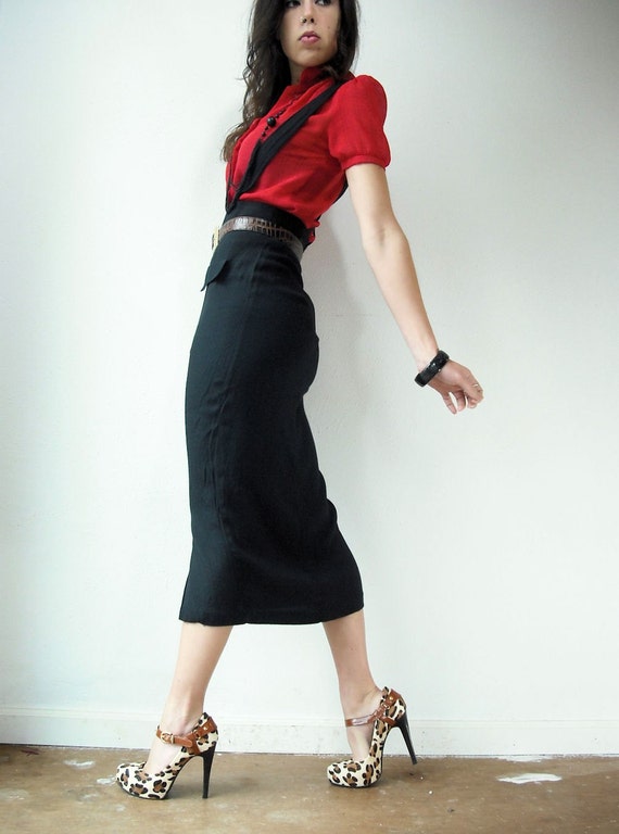 Vintage 80's Black High Waist SUSPENDERS Pin Up Pencil