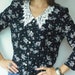 Vintage 80's Black Rose Print Crochet Collar Dolly Floral Blouse