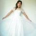 1950's 50's Vintage Cupcake White Ivory Lace Wedding Dress Sheer Beaded Sequin Floral Bare Shoulder Full Tulle Skirt