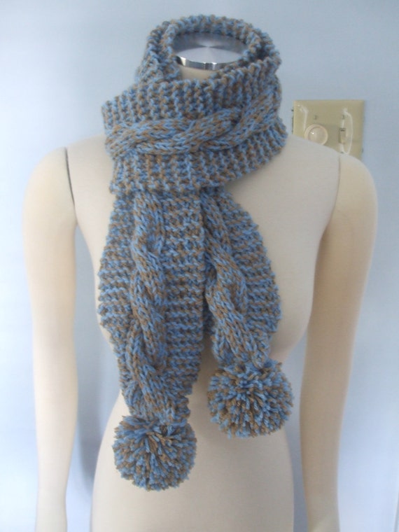 pom pom scarf yarn with Blue, Matching Neck Poms Scarf Brown, Large Scarf Beige, Pom