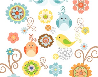 Digital clip art bird, flower, birds n flowers 2, scrapbooking, INSTANT ...