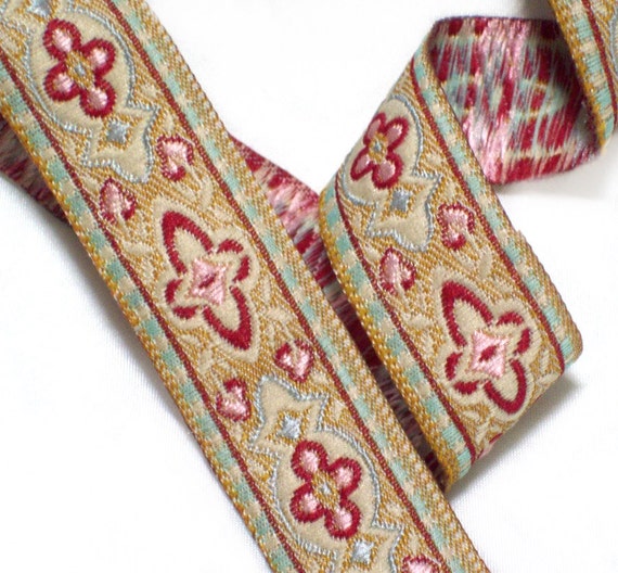 Items similar to Jacquard ribbon- pink, gold, red and aqua in a ...