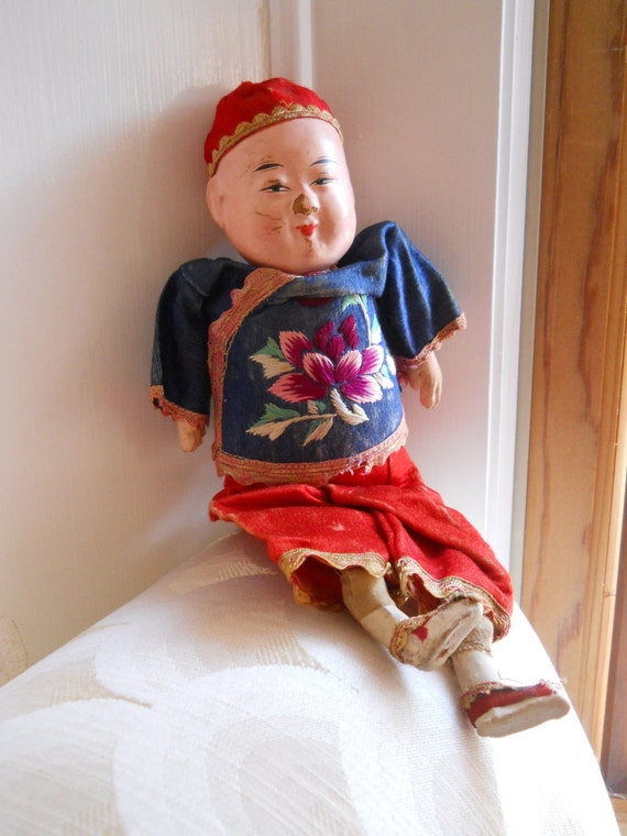 Chinese Baby Boy Doll very old paper mache head