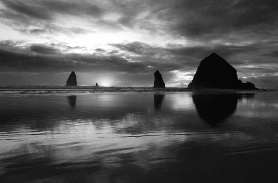 Items similar to Black and White Sunset 5x7 print, Canon Beach Oregon ...