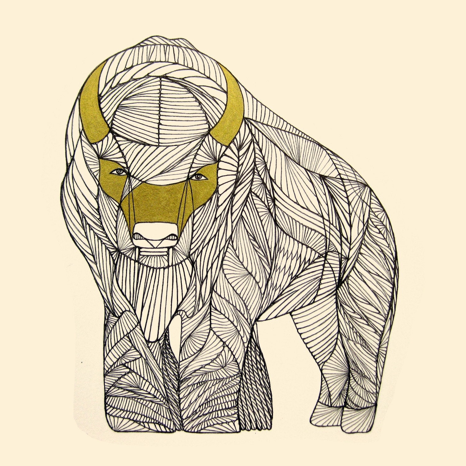 BUFFALO ART PRINT Native Animal Line Drawing by Thailan When.