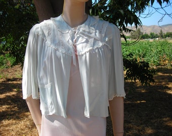 1940's pale blue bed jacket with lace - size M-L