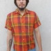 1960's orange/brown plaid short-sleeved, button-up, cotton, sporty shirt - size M