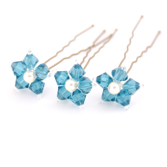 Something Blue Wedding Hair Pins. Blue Flower Hair Pins.