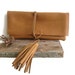 Camel Leather Clutch Handbag Purse Minimalist with Tassels