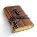 Secret Door - Brown Leather Journal with Tiny Vintage Key and Old Pages - Engraved, Hand Painted