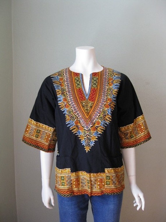 70s black and gold DASHIKI Tunic shirt top size small medium