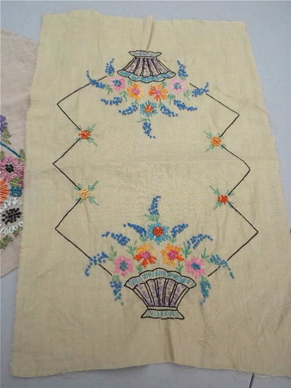 Vintage Embroidered Fabric Panels Southern Belle and Flower