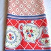 Vintage Kitchen Dish Towel - Red and Blue Teapot Print - Cotton Linen