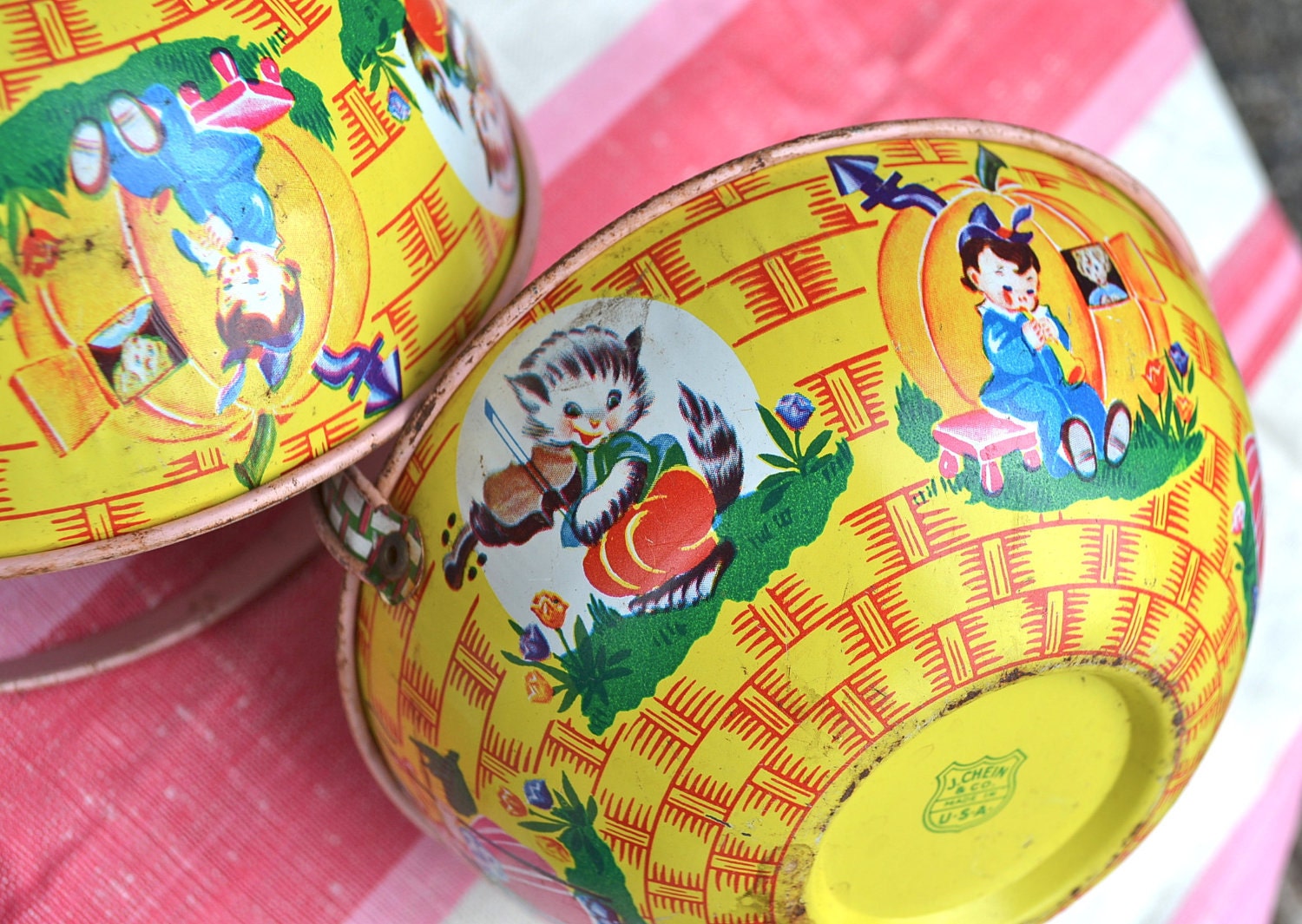 Vintage Metal Easter Baskets Nursery Rhyme Lithograph Pair