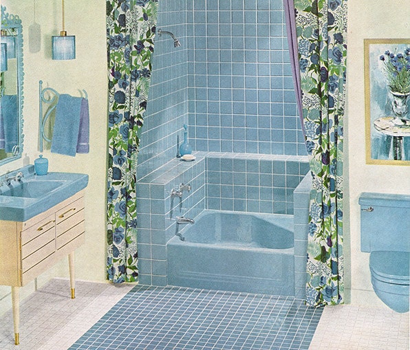 1961 ad Blue Bathroom Tile by American Olean vintage bath