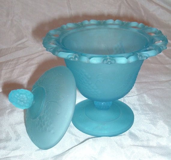 Vintage Blue Candy Dish with Lid and frosted by handymanhowto