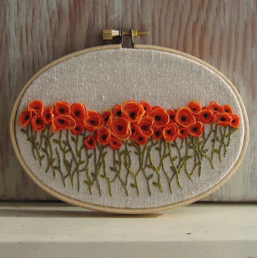Hand Embroidered Orange Poppy Field Wall Art