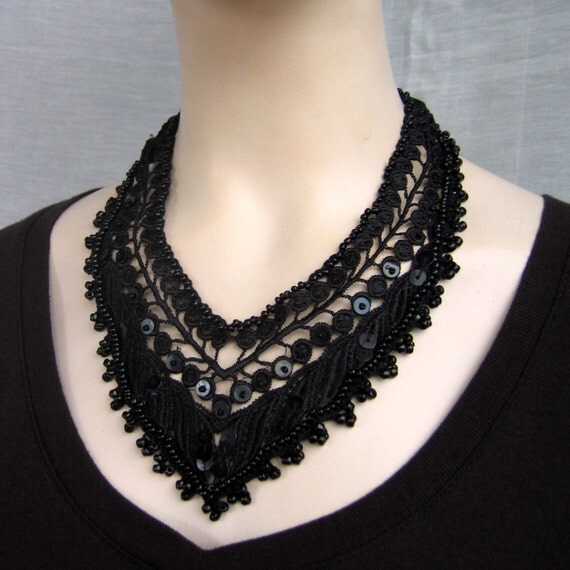 Gothic black beaded lace statement necklace