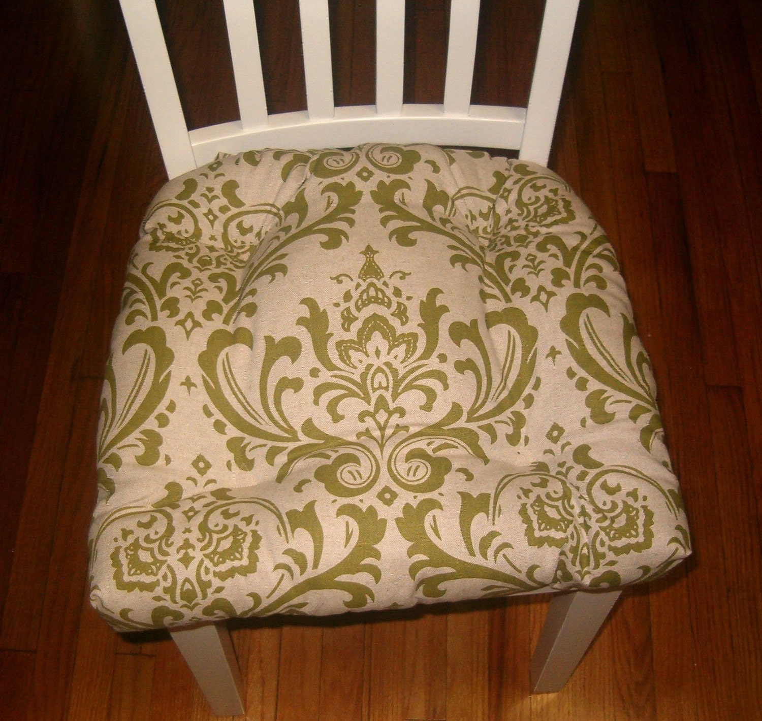 set of 4 Olive green damask chair pads tufted seat cushion
