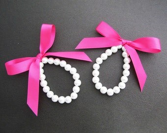 SET of 2 Flower Girl Bracelet Bridesmaid Bracelet Sweet White Glass Pearl and Ribbon - Choose your prefer color