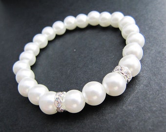 Wedding Bridal Bracelet Bridesmaid gift Bridesmaid Bracelet White Glass Pearls with rhinestone rondelles Flower girl Bracelet