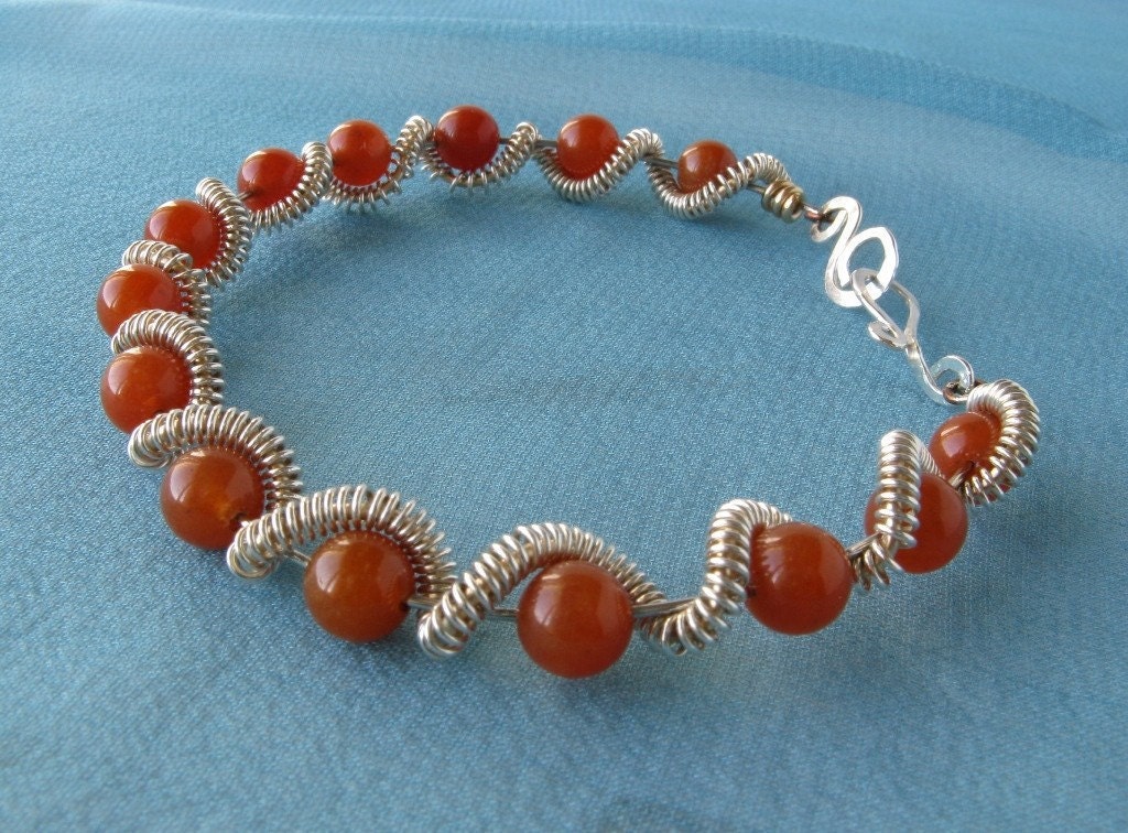 Silver coiled wire bracelet carnelian bracelet by DianaShyeJewelry