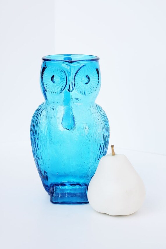 Vintage Blue Glass Owl Pitcher
