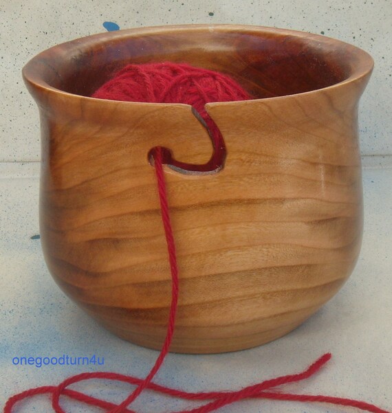Wood yarn bowl Cherry woodturning knitting by onegoodturn4u