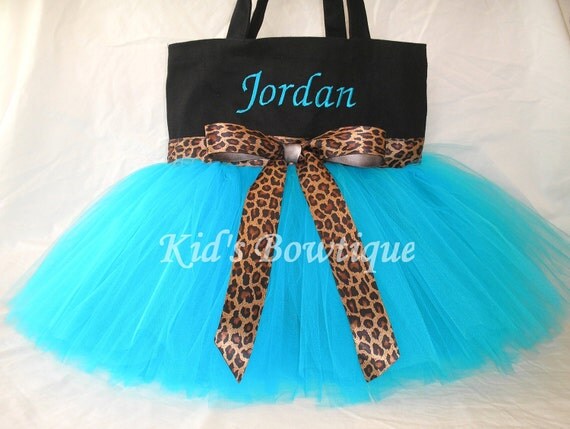 Monogrammed Tutu Tote Bag with Leopard Ribbon